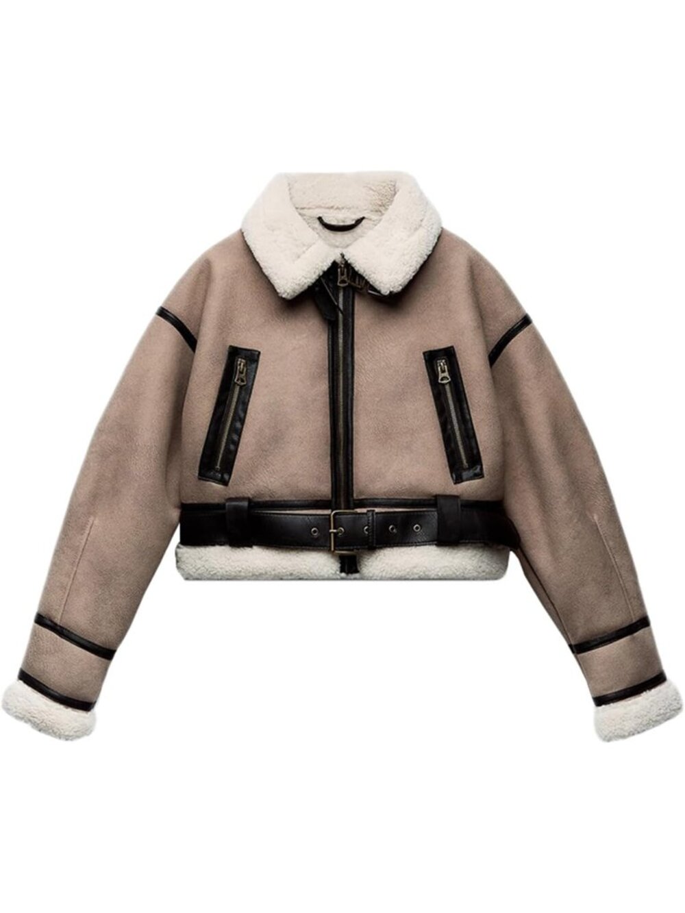 Women Khaki Faux Lamb Leather Short Jacket Loose Lapel Zipper Bomber Winter Coat